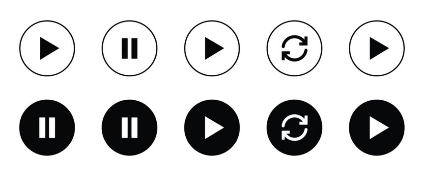 Media control icons set, playback buttons play pause skip replay track navigation symbols for web and mobile UI interface design.