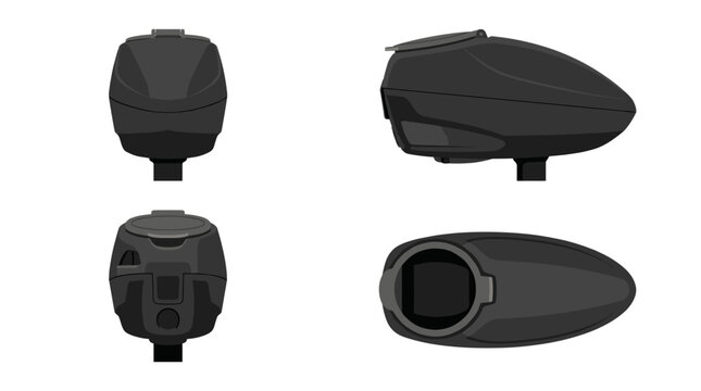 Paintball hopper sports equipment with front side rear and top views vector illustration