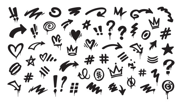 Graffiti doodle element set with black ink arrows crowns hearts and abstract symbols on white background