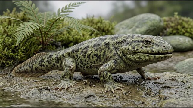 Ichthyostega, Ichthyostega stensioei, Devonian tetrapod, accurate scientific reconstruction of early amphibian with tail fin