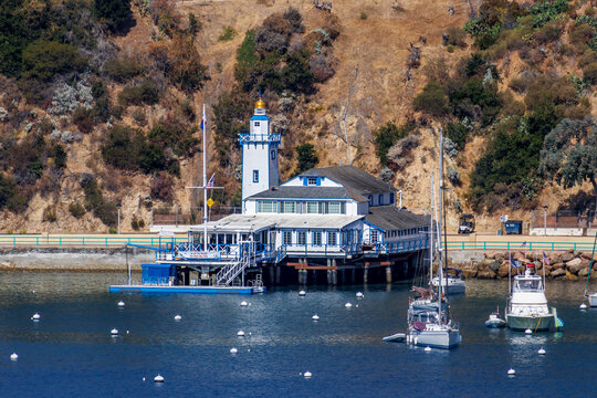 Avalon, CA, USA - June 2, 2026: View of the historical Catalina Yacht Club building on the shoreline of Catalina Island in Avalon, California. 