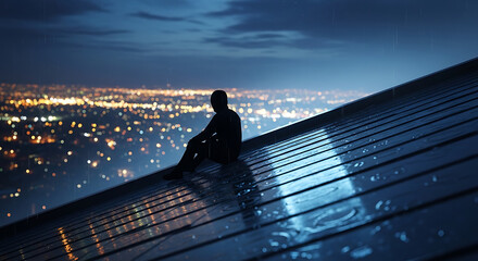 Fototapeta premium Silhouette of a man sitting on a rooftop looking at city night lights