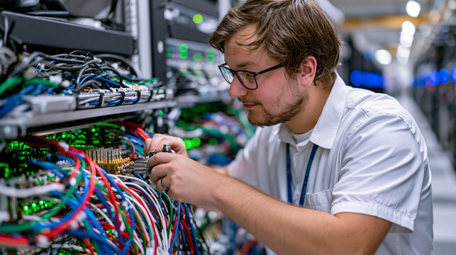 Empty server colocation facility corridor stretching into distance where a lone quantum cloud infrastructure technician performs rack maintenance at a cryogenic quantum processor cabinet, data cente