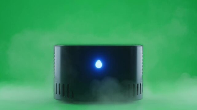 Black smart humidifier emitting mist on green screen background.