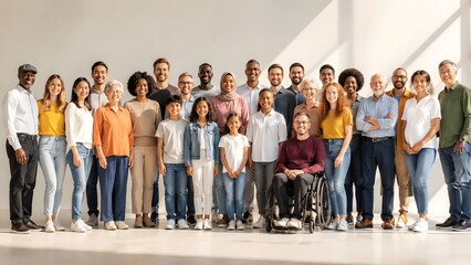 Fototapeta premium Large group of diverse people standing together in a bright studio for a community portrait shot
