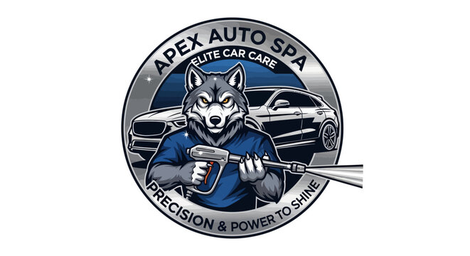 Professional automotive cleaning service logo featuring a determined wolf character wielding a powerful water spray, ensuring meticulous vehicle detailing
