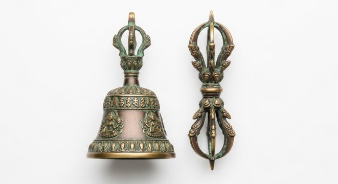 Tibetan Ghanta Bell and Vajra Dorje Symbol on White Background, Buddhism Ritual Objects
