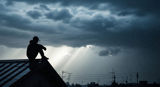 Person sitting on a roof under a dramatic stormy sky with light beams