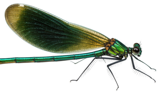 Metallic green damselfly with iridescent wings on white