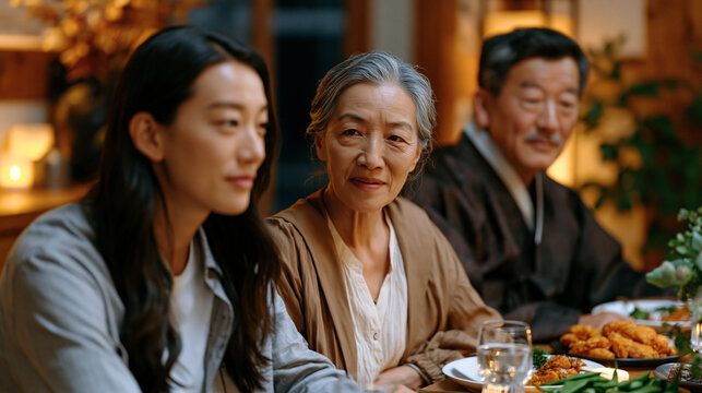 Intergenerational family argument frozen mid-gesture at a dinner table, younger members dressed in mainstream fashion and elder relatives in traditional attire, the cultural gap between generations 