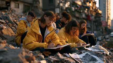 Obraz premium Multicultural group of heritage architecture students sketch and document a crumbling ancestral neighborhood facade before demolition, their drawings beside photographs of the site's original condit