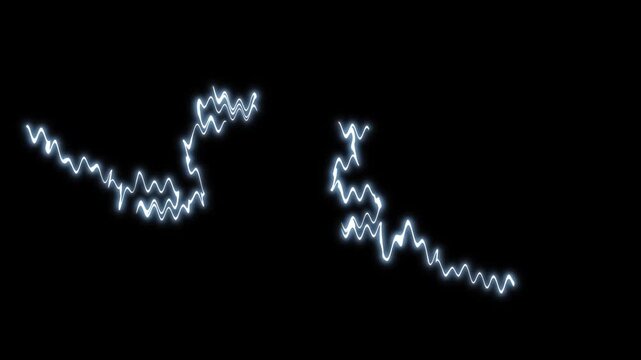 Different realistic lightning bolts isolated. Strong thunder lightning animated overlay, dynamic storm power burst, cartoon flash motion fx energy on black screen. continuous electric bolts flashing.