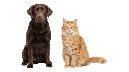 Naklejka premium Pets chocolate Labrador dog and ginger cat sitting together in PNG isolated on transparent background