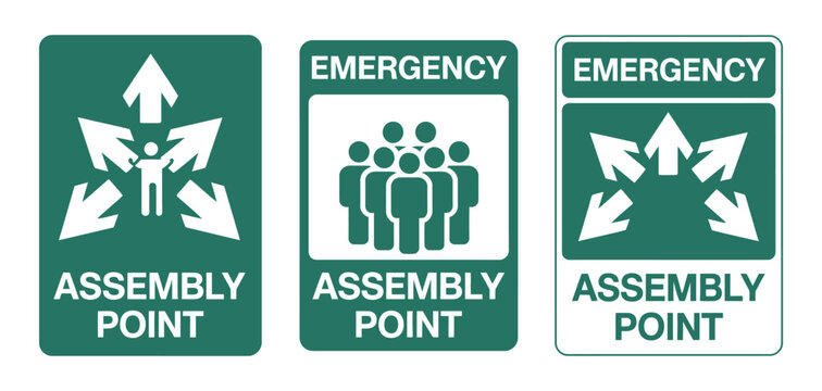 Emergency assembly point icon set, evacuation meeting symbols for workplace safety, guidance and emergency exit signage design.