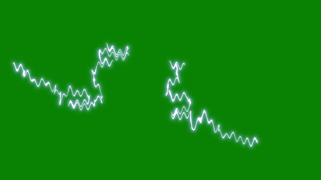 Different realistic lightning bolts isolated. Strong thunder lightning animated overlay, dynamic storm power burst, cartoon flash motion fx energy on green screen. continuous electric bolts flashing.