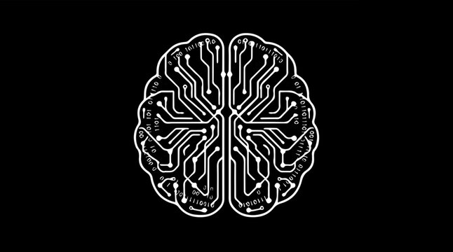 Ai brain with binary code overlay on black background