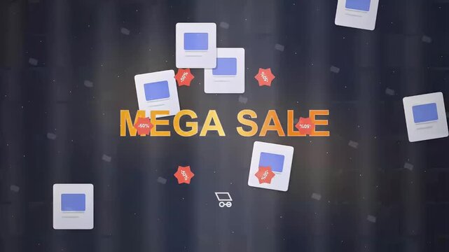 Bright orange text announces a mega sale event with floating square images and red starbursts against a dark, textured backdrop.