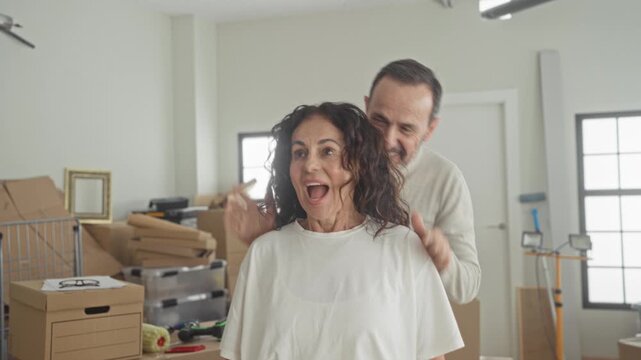 Man hugs woman tightly amid stacked moving boxes and packing supplies in a bright house living room, arms wrapped around neck and back; moving day joy.