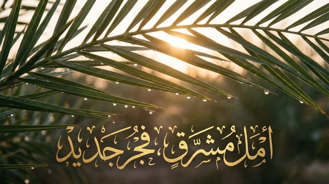 Arabic Calligraphy Eid Mubarak Greeting with Golden Sunlight Through Palm Leaves Background