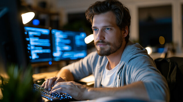 Solitary data security analyst in a modest home office working late reviewing post-quantum cryptography migration documentation across dual monitors, cybersecurity professional, encryption policy, I