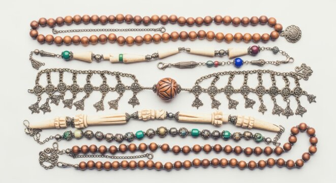 Collection of ethnic and tribal beaded necklaces and jewelry on white background