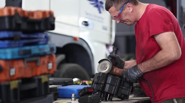 A mechanic wearing safety glasses meticulously cleans a cylinder head in a well-equipped truck maintenance shop, showcasing a focus on precision and safety in vehicle repair.