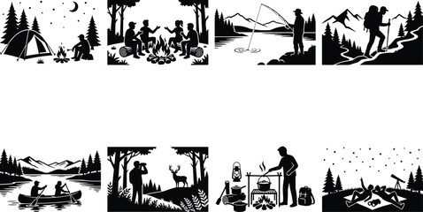 Fototapeta premium Outdoor Adventure and Camping Silhouette Collection with Hiking Fishing and Canoeing