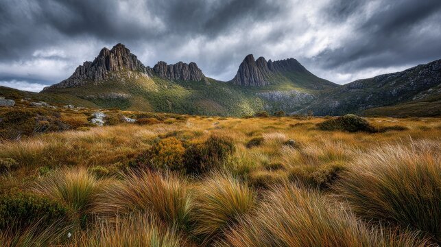 Dramatic quartzite peaks rise above alpine heath in Tasmanian wilderness