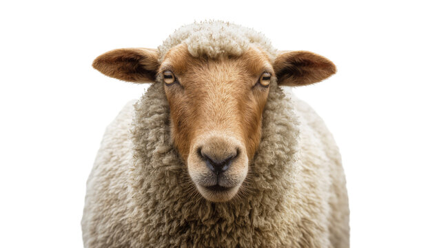 Sheep head portrait with fluffy wool and brown face