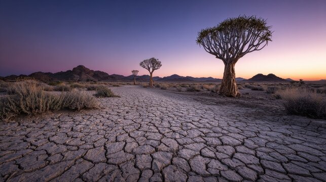 quiver trees silhouetted against a colorful dusk sky in the namibian desert