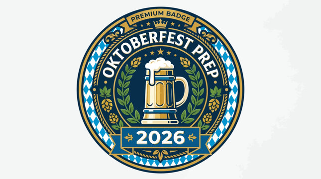 Traditional Oktoberfest Prep 2026 Premium Badge Illustration Featuring a Beer Mug and Wheat Wreath in Classic Blue and Gold Circular Vector Design