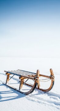 A traditional wooden sledge waits silently covered in sparkling fresh powder snow on a bright cold winter day during the season, fresh snow, frozen, excitement