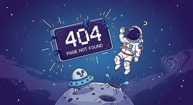 A cartoon astronaut floats near a crashed spaceship on a cratered moon with a 404 error sign