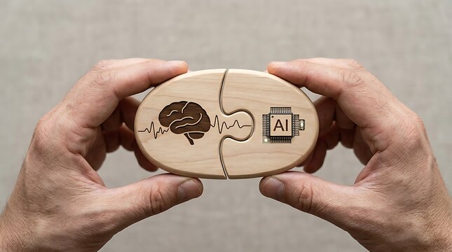 Two hands holding two oval wooden puzzle pieces that fit together, featuring a brain on one side and an ai chip on the other side