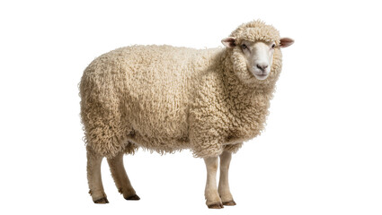 Fototapeta premium Fluffy sheep with thick wool standing on white