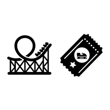 Roller coaster ride icon and amusement park ticket with car silhouette graphic
