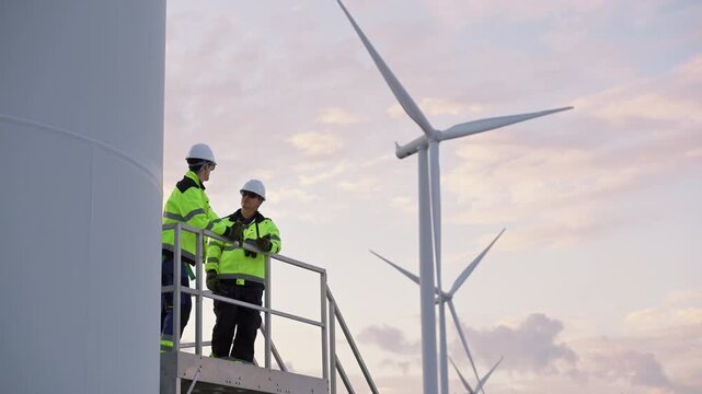 Windmill engineers inspect and discuss operations at a wind turbine farm during sunset. Eco technology for electric, industry environment, sustainable technology wind power maintenance.