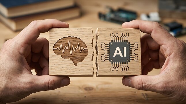 Two hands holding wooden blocks with engraved brain and ai microchip symbols, representing the connection between human intelligence and technology