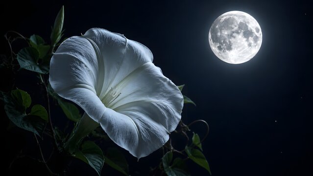 Beautiful white moonflower blooming at night under the light of a bright full moon in sky