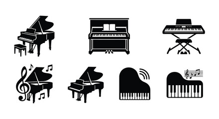 Piano Silhouettes And Musical Notes Black Vector Illustration © Nayem