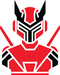 Obraz premium Impressive red and black robot warrior character design featuring horned headgear and dual swords, perfect for gaming