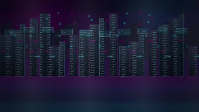 Digital cityscape with glowing windows and futuristic architecture against a dark purple nebula sky.