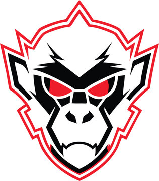 Intense red and black aggressive monkey head logo for powerful sports teams or strong brand identity