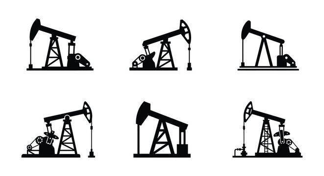 Oil pump silhouettes black vector graphics on a white background