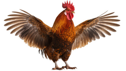 Rooster with wings spread wide, showing detailed feathers © Andrei