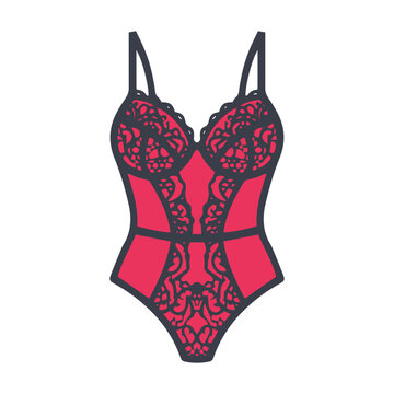 Red and black lace teddy lingerie vector illustration with detailed ornamental design bodysuit undergarment brassiere bralette