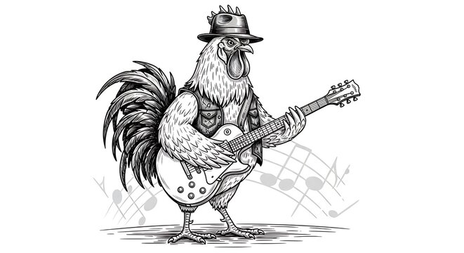 A cartoon rooster wearing a hat plays a guitar with musical notes
