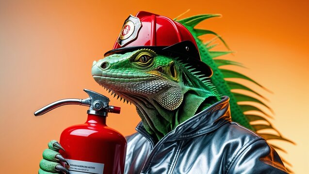 Iguana dressed as a firefighter wearing a red helmet and silver jacket holds a fire extinguisher against a vibrant orange background