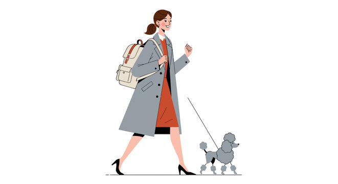 Elegant woman walking her poodle in the city.