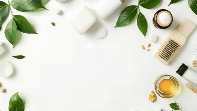 A minimalist flat lay displays a collection of natural beauty and personal care items like soap, lotion, oil, cream, and scrub brush, adorned with green leaves against a clean white backdrop.